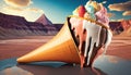 A pop art illustration of a giant ice cream cone melting into the Grand Canyon, 3D rendering, Generative Ai