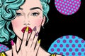 Pop Art illustration of girl with hand.Pop Art girl. Comic woman.Sexy girl. Nails. Lipstick Royalty Free Stock Photo