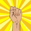 Pop art illustration of hands clenched into a fist and raised up. Concept of power, rebellion, unity, revolution