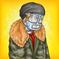 pop art illustration of robot, android in fashion jacket. Artificial intelligence, steampunk, cyborg concept