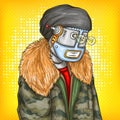 pop art illustration of robot, android in fashion jacket. Artificial intelligence, steampunk, cyborg concept