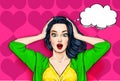 Pop Art illustration, surprised girl.Comic woman. Shocked woman on pink background. Royalty Free Stock Photo
