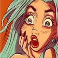 Pop art illustration of a surprised woman face. Closeup vector of a pin up girl with a shocked facial expression