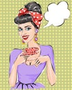 Pop Art illustration woman with morning cup of tea. Pin-up girl speech bubble. Fashion, wife Royalty Free Stock Photo