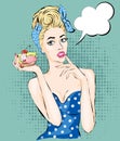 Pop Art illustration woman with morning cup of tea. Pin-up girl speech bubble. Fashion, wife Royalty Free Stock Photo