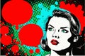 Pop Art illustration of woman with the speech bubble. Party invitation. Birthday card.Gossip girl. Pop Art girl, Red Royalty Free Stock Photo