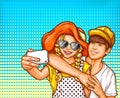 pop art illustration of a young girl and boy making selfies on a smartphone.