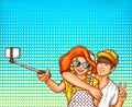 pop art illustration of a young girl and boy making selfies on a smartphone.
