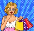 pop art illustration of a young happy girl holding shopping bags.