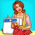 pop art illustration of a young woman dressmaker sewing on a sewing machine