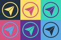 Pop art Infographic of city map navigation icon isolated on color background. Interface concept design. Geolocation