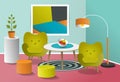 Pop art interior living room. Retro minimalism colorful design. Royalty Free Stock Photo