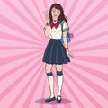 Pop Art Japanese School Girl in Uniform. Asian Teenage Student with Backpack. Royalty Free Stock Photo