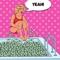 Pop Art Joyful Woman Jumping to the Pool of Money. Successful Business Woman. Financial Success, Wealth Concept