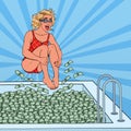 Pop Art Joyful Woman Jumping to the Pool of Money. Successful Business Woman. Financial Success, Wealth Concept Royalty Free Stock Photo