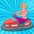 Pop Art Joyful Woman Riding Bumper Car at Fun Fair. Girl in Electric Car at Amusement Park