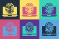 Pop art Laptop with fingerprint icon isolated on color background. ID app icon. Identification sign. Touch id. Vector Royalty Free Stock Photo