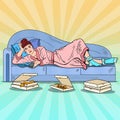 Pop Art Lazy Woman Lying on Sofa and Watching TV with Pizza