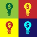 Pop art Light bulb with dollar symbol icon isolated on color background. Money making ideas. Fintech innovation concept