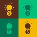 Pop art Light bulb with dollar symbol icon isolated on color background. Money making ideas. Fintech innovation concept