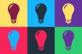 Pop art Light bulb icon isolated on color background. Energy and idea symbol. Lamp electric. Vector Royalty Free Stock Photo