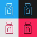 Pop art line Aftershave icon isolated on color background. Cologne spray icon. Male perfume bottle. Vector