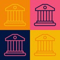 Pop art line Bank building icon isolated on color background. Vector