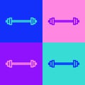 Pop art line Barbell icon isolated on color background. Muscle lifting icon, fitness barbell, gym, sports equipment