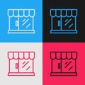 Pop art line Barbershop building icon isolated on color background. Vector