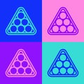 Pop art line Billiard balls in a rack triangle icon isolated on color background. Vector Royalty Free Stock Photo