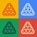 Pop art line Billiard balls in a rack triangle icon isolated on color background. Vector Royalty Free Stock Photo