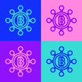 Pop art line Blockchain technology Bitcoin icon isolated on color background. Abstract geometric block chain network