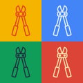 Pop art line Bolt cutter icon isolated on color background. Scissors for reinforcement bars tool. Vector