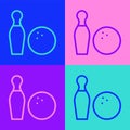 Pop art line Bowling pin and ball icon isolated on color background. Sport equipment. Vector