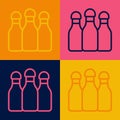 Pop art line Bowling pin icon isolated on color background. Vector