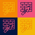 Pop art line Brick wall with trowel icon isolated on color background. Vector