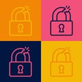 Pop art line Broken or cracked lock icon isolated on color background. Unlock sign. Vector