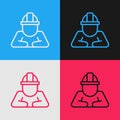 Pop art line Builder icon isolated on color background. Construction worker. Vector