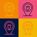 Pop art line Cafe and restaurant location icon isolated on color background. Fork eatery sign inside pinpoint. Vector. Royalty Free Stock Photo