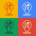 Pop art line Cafe and restaurant location icon isolated on color background. Fork and spoon eatery sign inside pinpoint Royalty Free Stock Photo