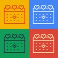 Pop art line Calendar with heart icon isolated on color background. Valentines day. Love symbol. February 14. Vector Royalty Free Stock Photo