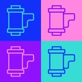 Pop art line Camera vintage film roll cartridge icon isolated on color background. 35mm film canister. Filmstrip Royalty Free Stock Photo