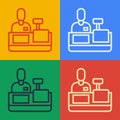 Pop art line Cashier at cash register supermarket icon isolated on color background. Shop assistant, cashier standing at