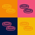 Pop art line Checker game chips icon isolated on color background. Vector