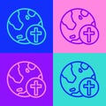 Pop art line Christian cross with globe Earth icon isolated on color background. World religion day. Vector Royalty Free Stock Photo