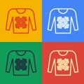 Pop art line Christmas sweater with norwegian ornaments and holidays decorations icon isolated on color background Royalty Free Stock Photo