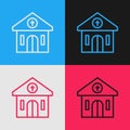 Pop art line Church building icon isolated on color background. Christian Church. Religion of church. Vector Royalty Free Stock Photo