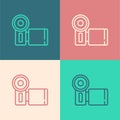 Pop art line Cinema camera icon isolated on color background. Video camera. Movie sign. Film projector. Vector Royalty Free Stock Photo