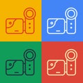 Pop art line Cinema camera icon isolated on color background. Video camera. Movie sign. Film projector. Vector Royalty Free Stock Photo