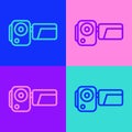 Pop art line Cinema camera icon isolated on color background. Video camera. Movie sign. Film projector. Vector Royalty Free Stock Photo